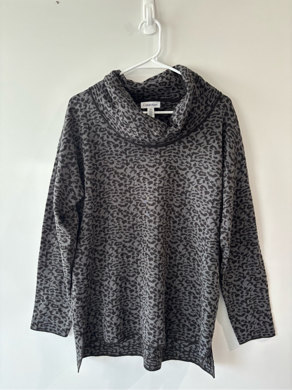 Calvin Klein Gray Leopard-Print Cowl Neck Sweater
